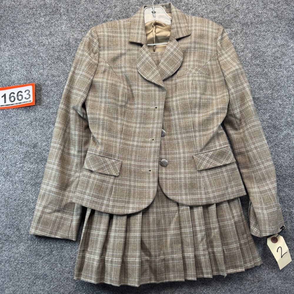 Vtg Womens 2-Piece Blazer & Skirt Set Brown Plaid Pleated Classic Retro Career